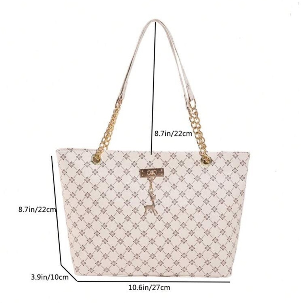 ⚠️Clearance Beige White Patterned Large Tote Shoulder Bag Gold Pendant - Picture 11 of 11